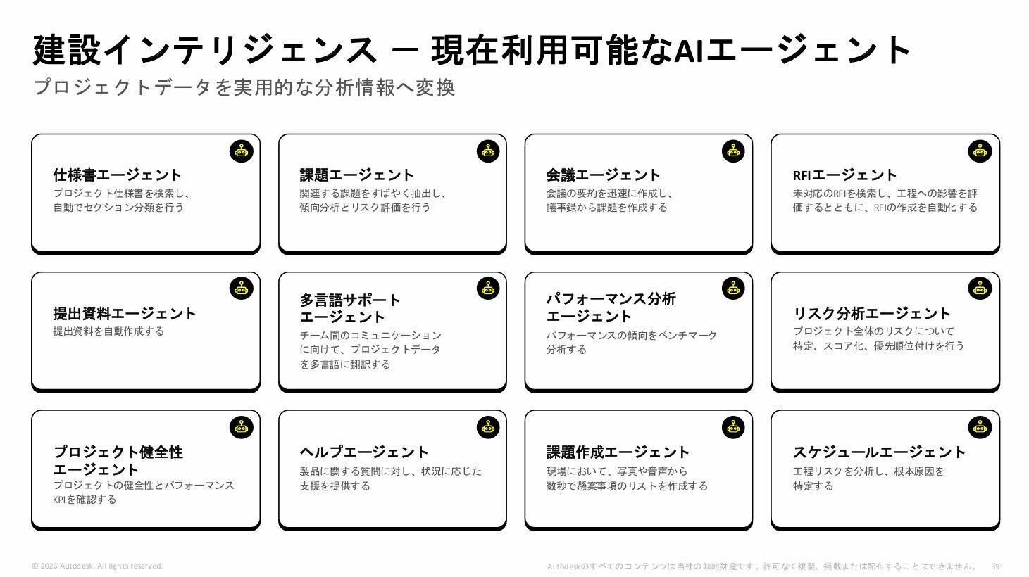 講演のスライド「現在利用可能なAIエージェント」。12のエージェントのカード