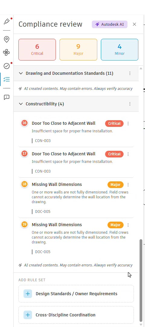 Compliance reviewの欄。重さ別の件数と、ドアが壁に近すぎる・壁の寸法が無いの指摘