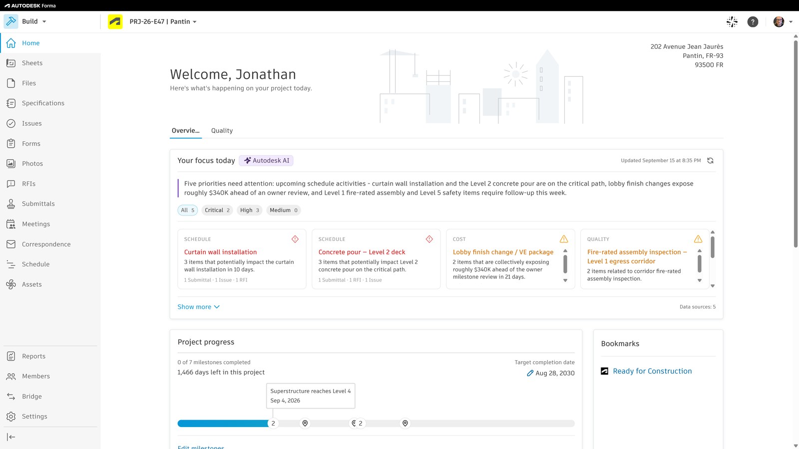 Forma BuildのProject Home。上に「Your focus today」の欄、下に工程の進み具合