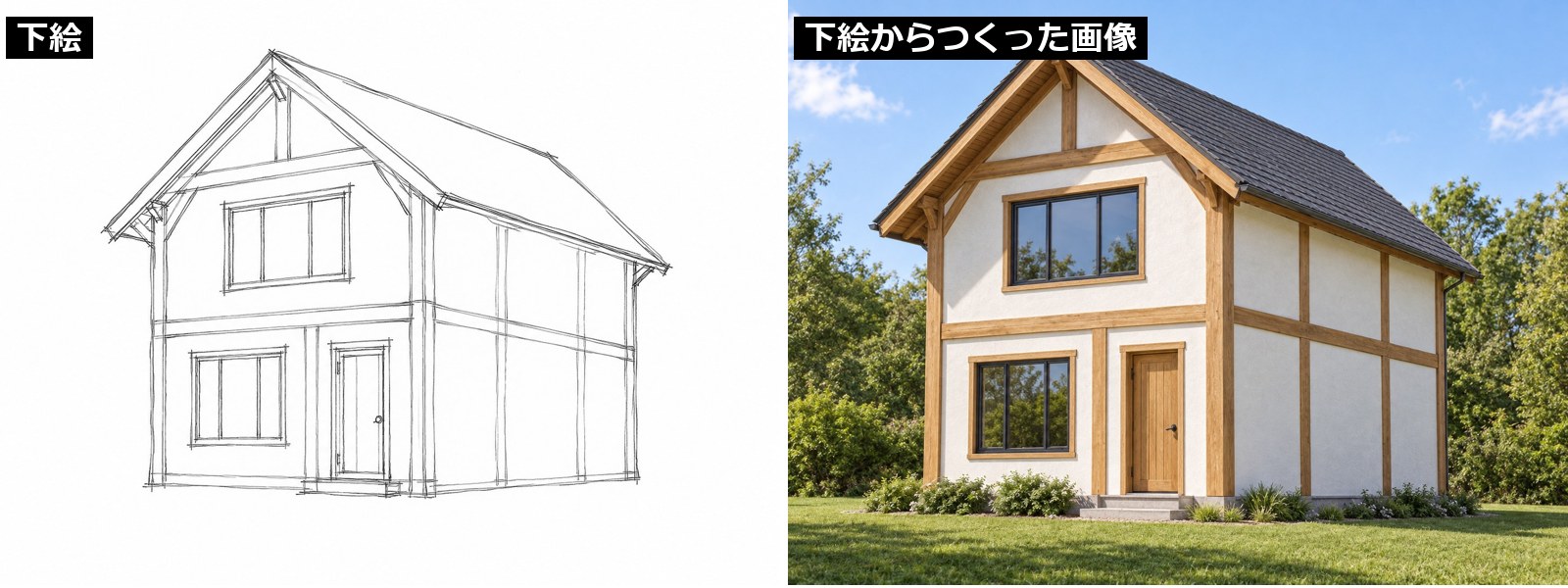 手描きの住宅の外観の下絵と、そこからつくった外観の画像を左右に並べたもの