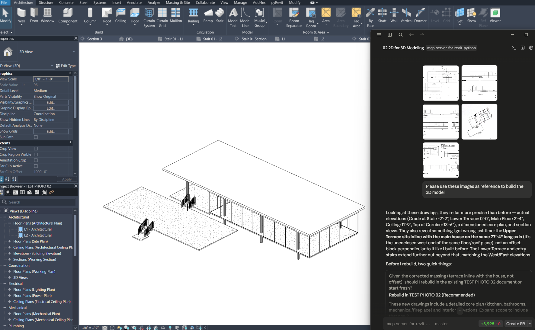 ファンズワース邸の図面を渡して3DのモデルをつくらせたRevitとClaudeの画面