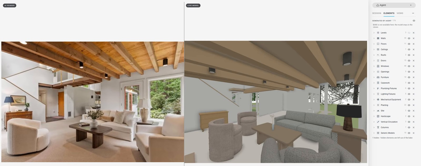 居間の画像と、できた3Dモデルを並べたVerasの画面