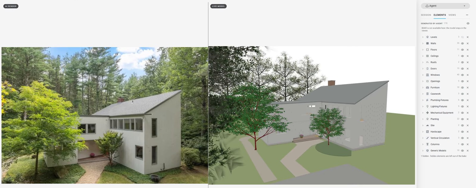 家の外観の写真と、できた3Dモデルを並べたVerasの画面