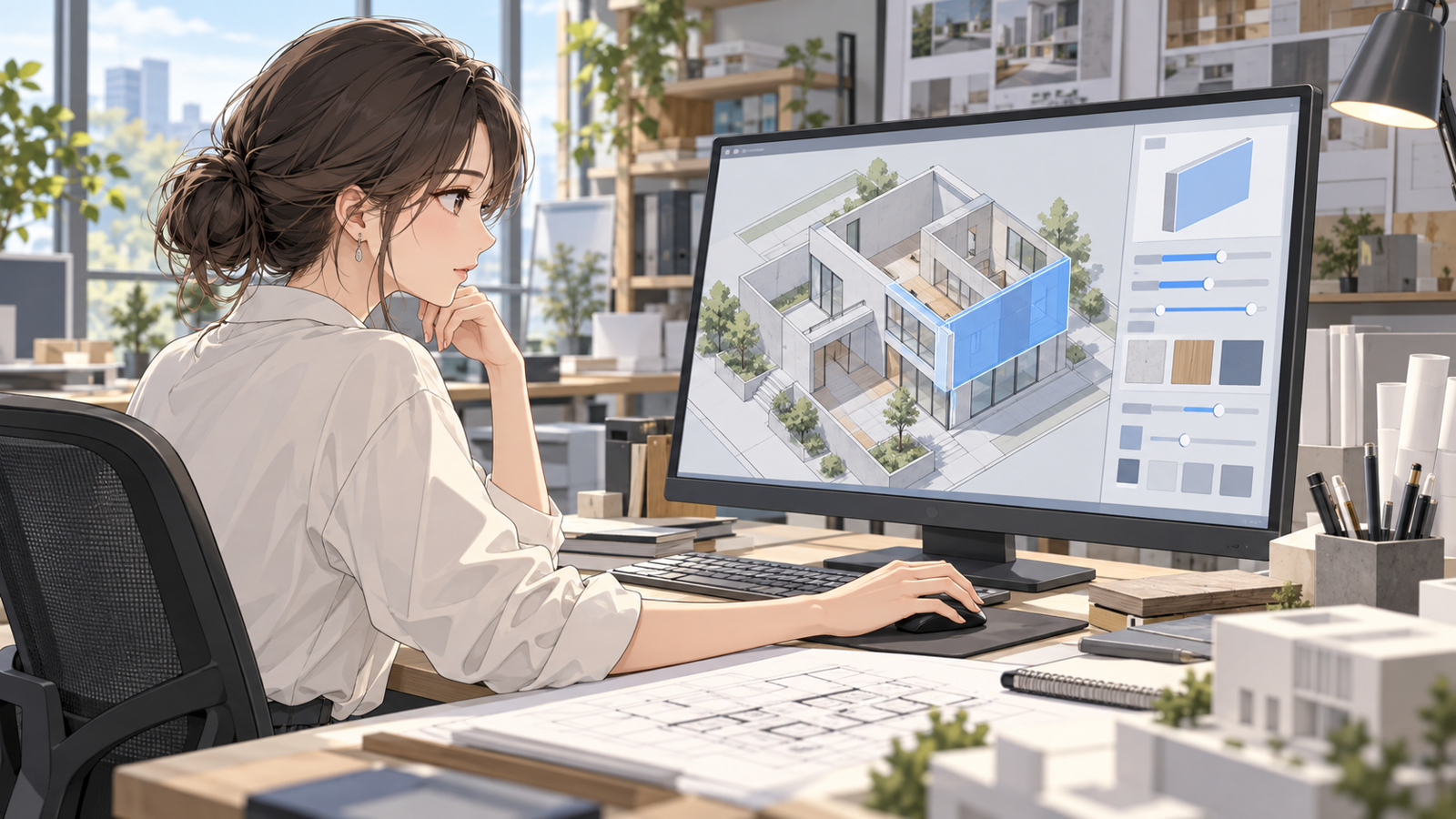 パソコンの画面に映した建物のモデルの壁を選び、横に出た材料や仕上げの情報を読んでいる若い設計者