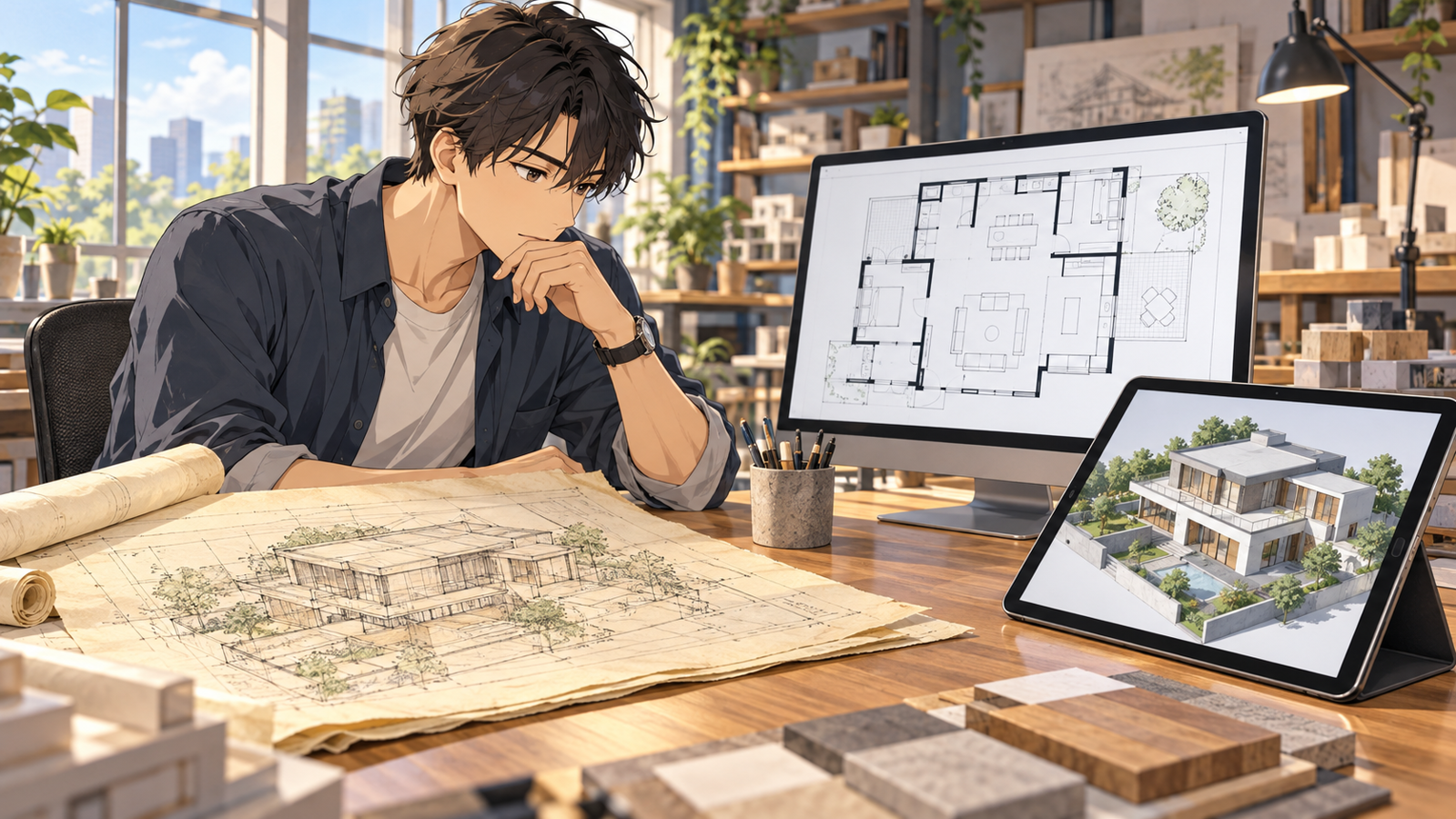 手描きの図面、CAD の図面、建物の立体のモデルを机に並べて見比べている若い設計者