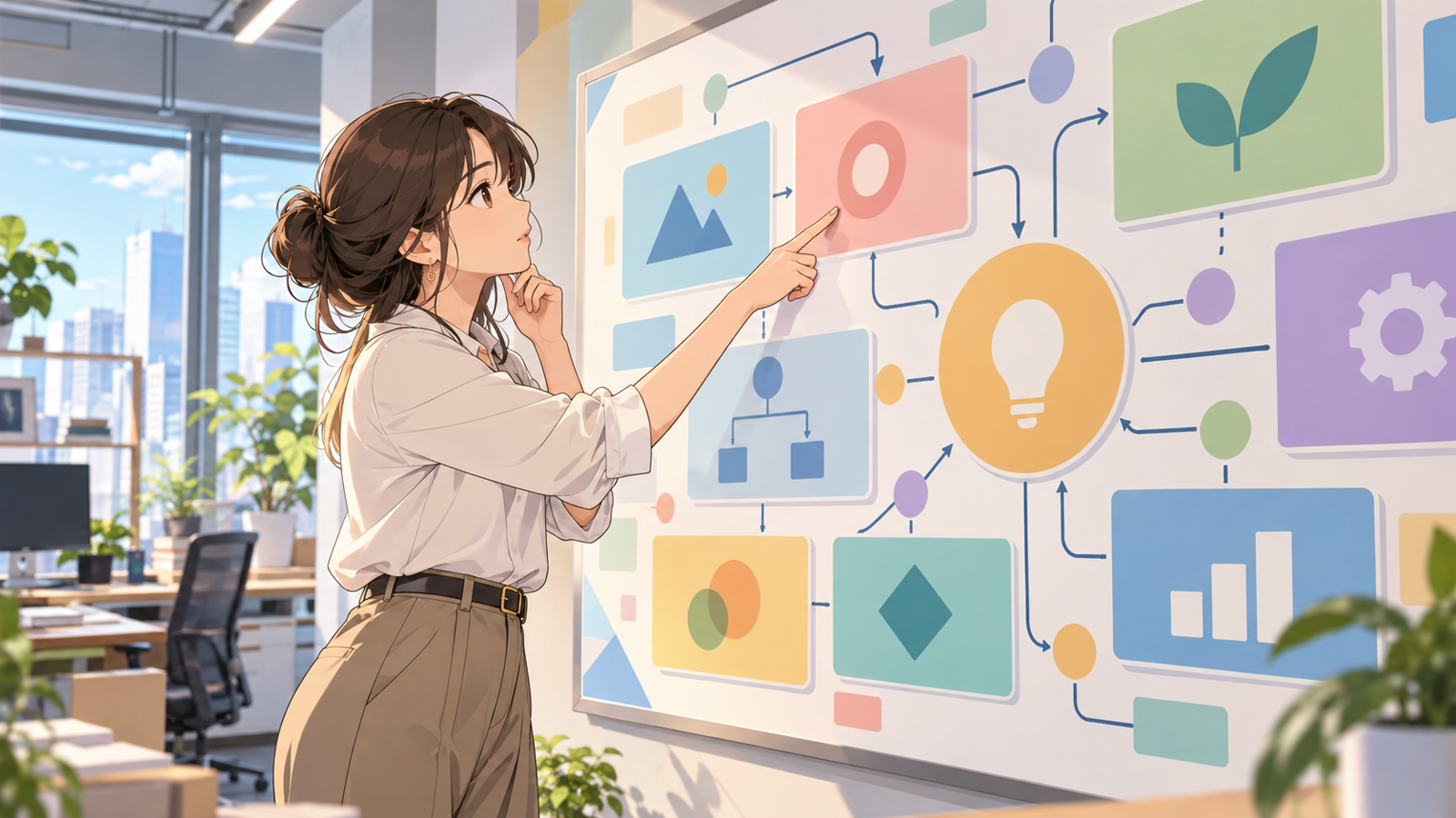 記事の案内の図を見ながら、次に読む記事を選んでいる若い設計者