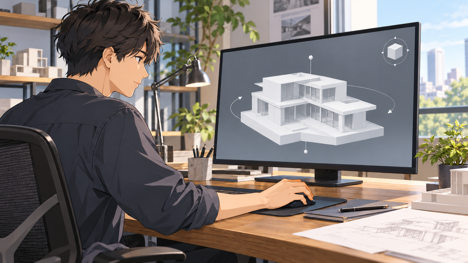 パソコンの画面で、建物の立体のモデルを回して形を確かめている若い設計者