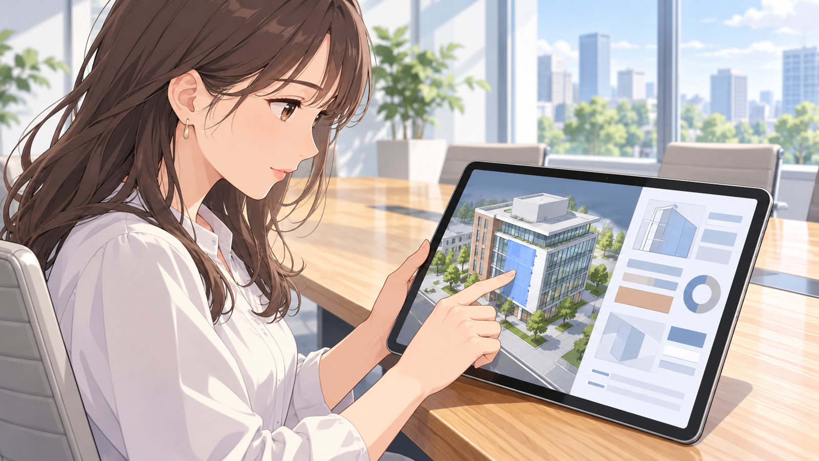 会議室で、タブレットに映した建物の立体のモデルの壁を指で押し、その情報を読んでいる若い設計者