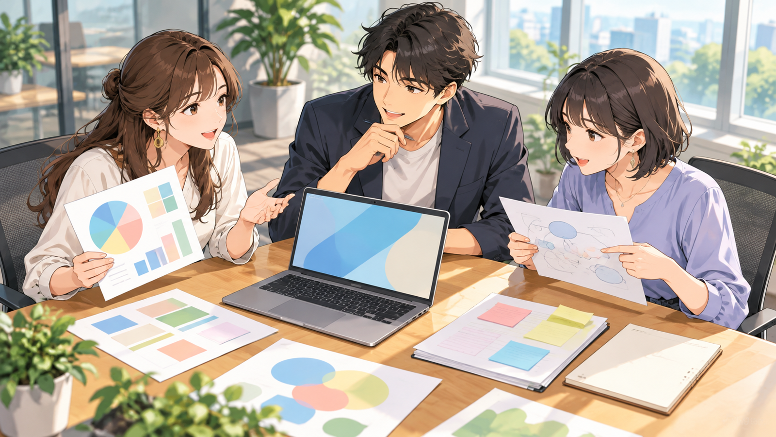 プロジェクトの打ち合わせのテーブルで、3人がノートパソコンを囲み、仕事を分担して話し合っている場面