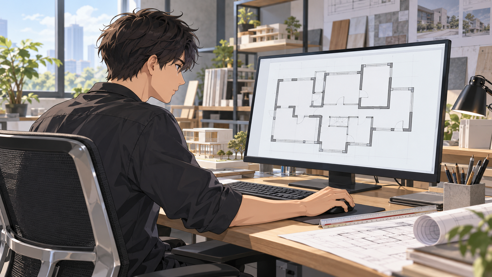 パソコンの CAD の画面で、平面図の壁の線を作図している若い設計者
