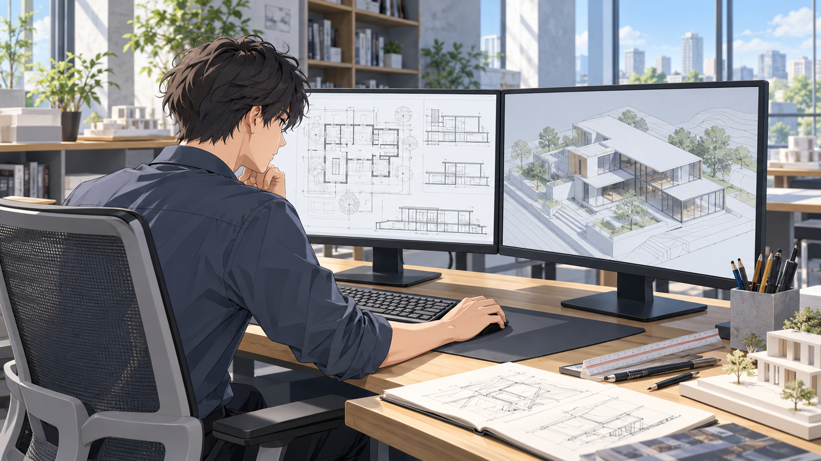 2台のモニターを並べ、片方で CAD の詳細図を、もう片方で BIM のモデルを見ながら仕事をしている設計者
