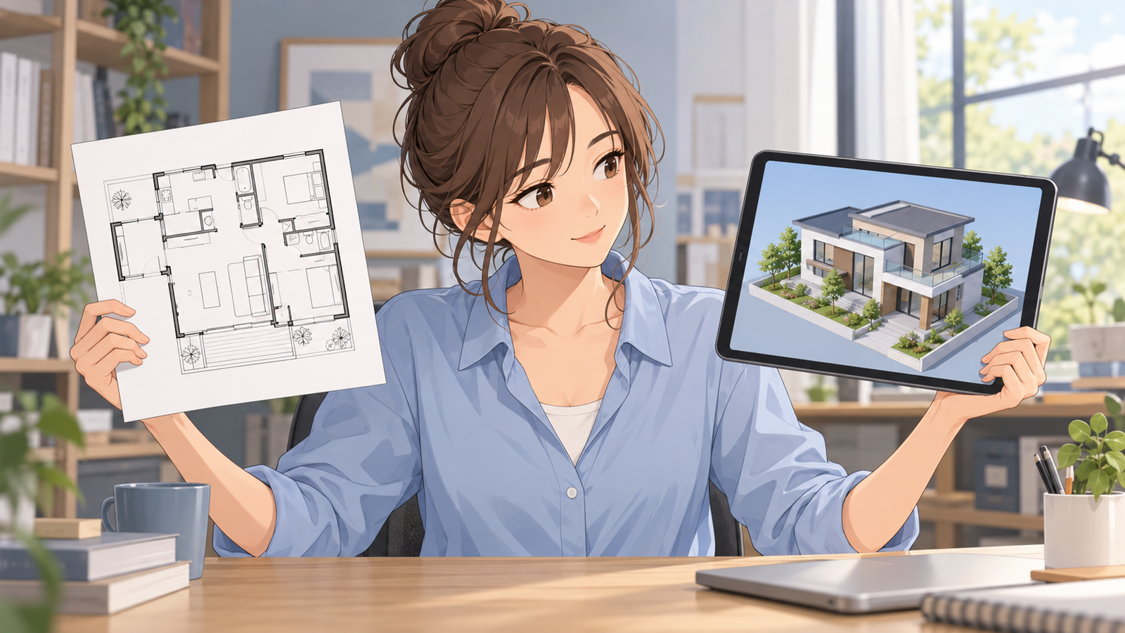 机の上で、線だけの平面図の紙と、建物のモデルを映したタブレットを見比べている若い設計者