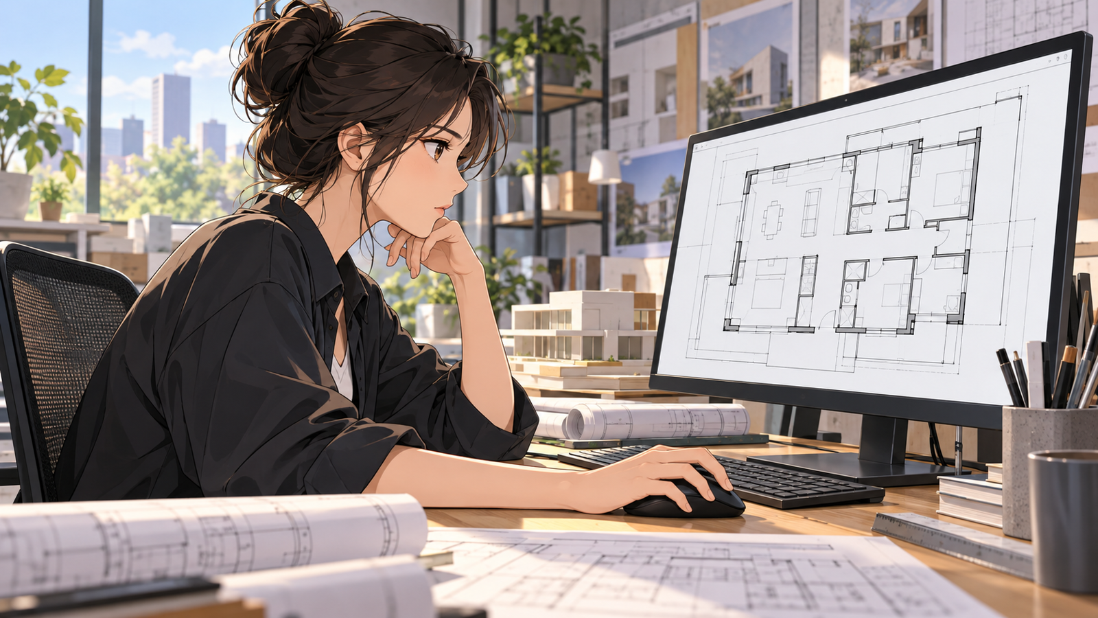 事務所のパソコンで、CAD の画面に平面図の線を作図している設計者
