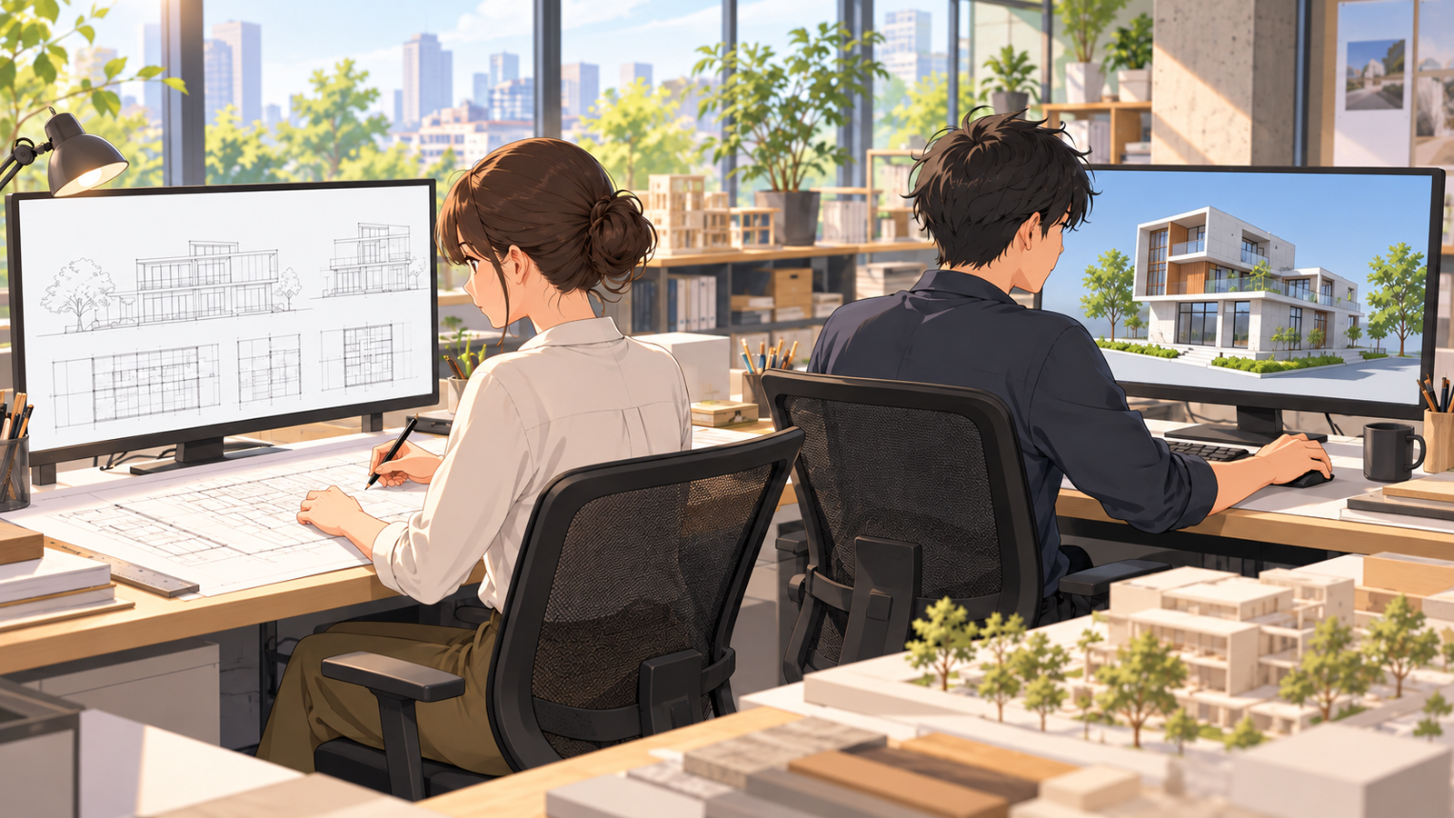 同じ事務所の中で、CAD で作図する人と、BIM のモデルを見る人が並んで仕事をしている場面