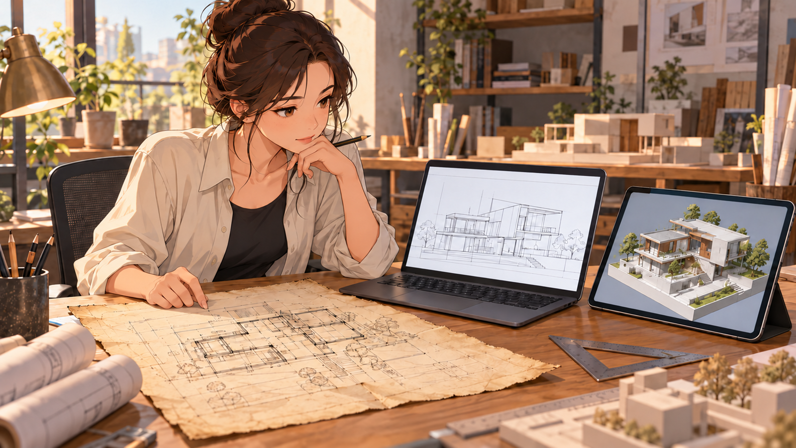 手描きの図面、CAD の画面、BIM のモデルを机に並べて見比べている若い設計者