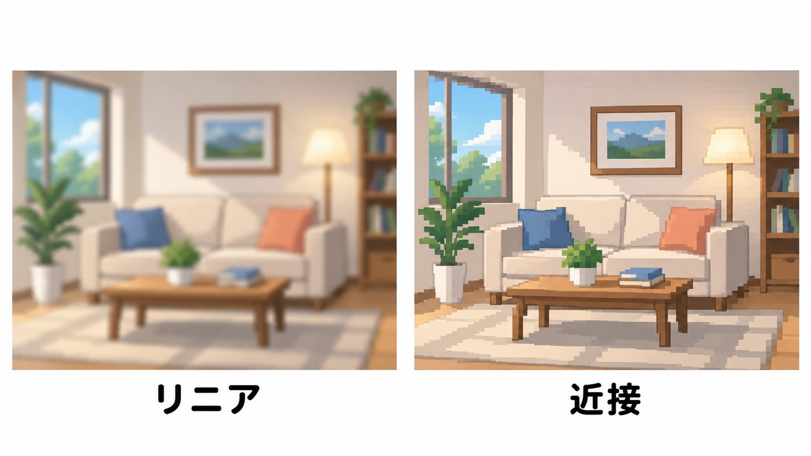 小さい画像を補間のリニアと近接で拡大したときの見え方の図