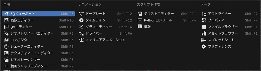 エディタータイプのボタンを押したメニュー