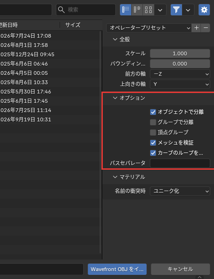 読み込みのオプション