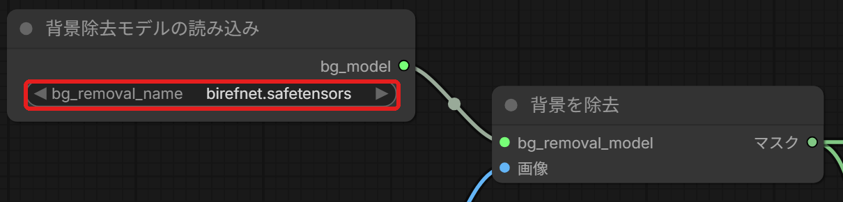 背景除去モデルの読み込みのノード。「bg_removal_name」の欄を赤い枠で囲んでいる