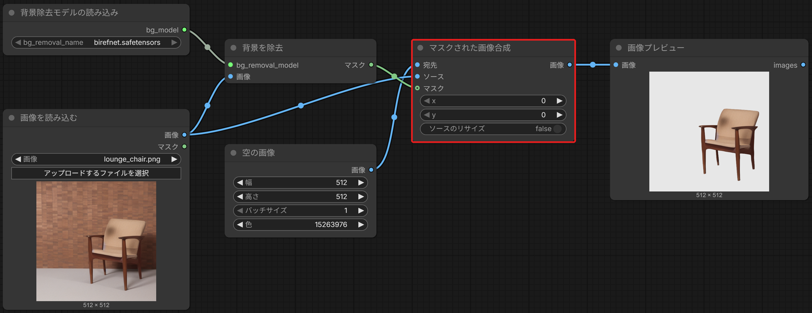 空の画像とマスクされた画像合成をつないだところ。マスクされた画像合成のノードを赤い枠で囲んでいる