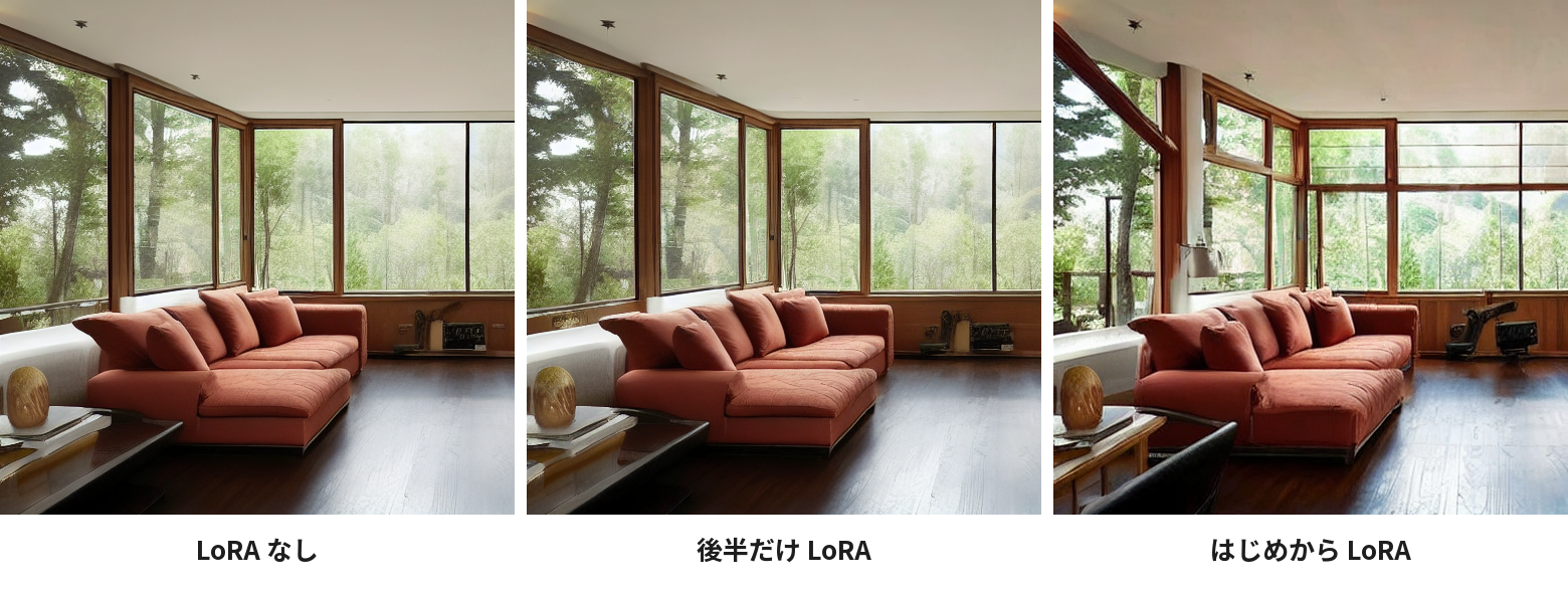 LoRAなし・後半だけLoRA・はじめからLoRAの3枚。後半だけLoRAはLoRAなしとほぼ同じで、はじめからLoRAは窓の割付けや家具が変わる