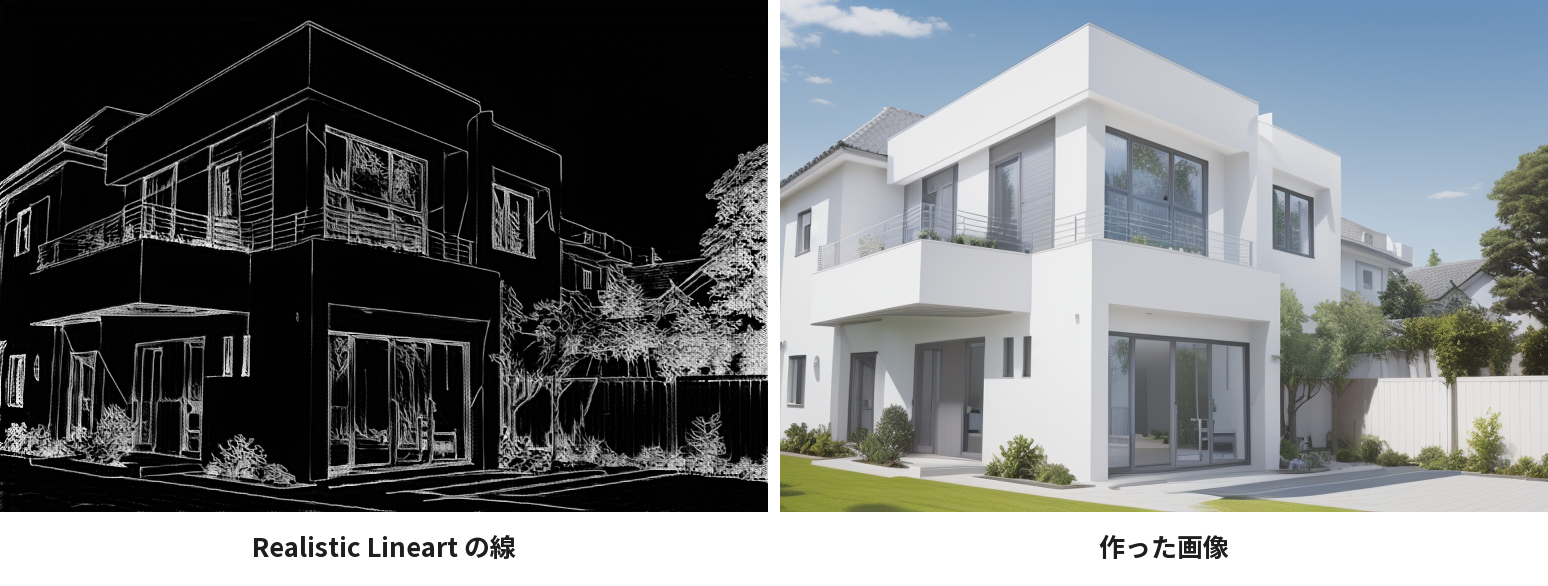 Realistic Lineart の線画と、その線画で作った外観