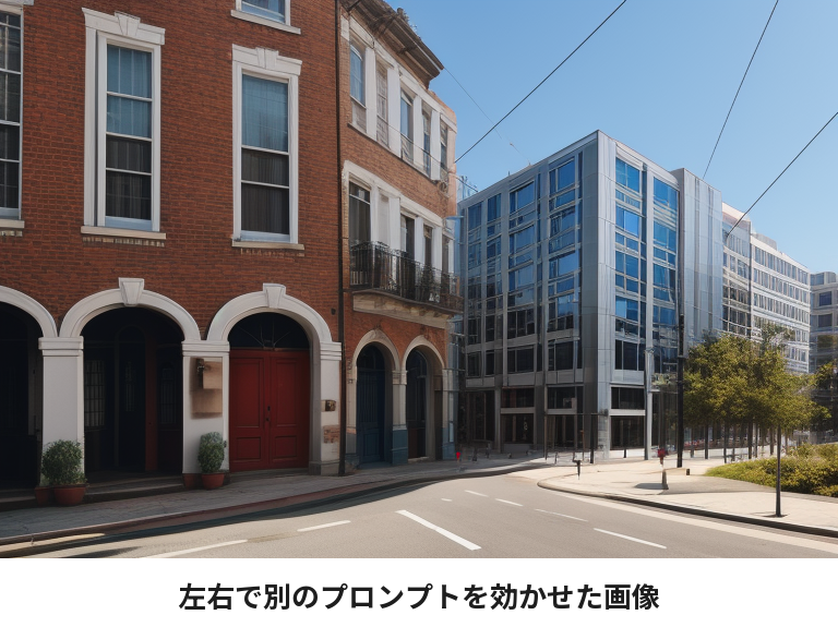 左半分にれんがの建物、右半分にガラスの建物のプロンプトを効かせた街並み
