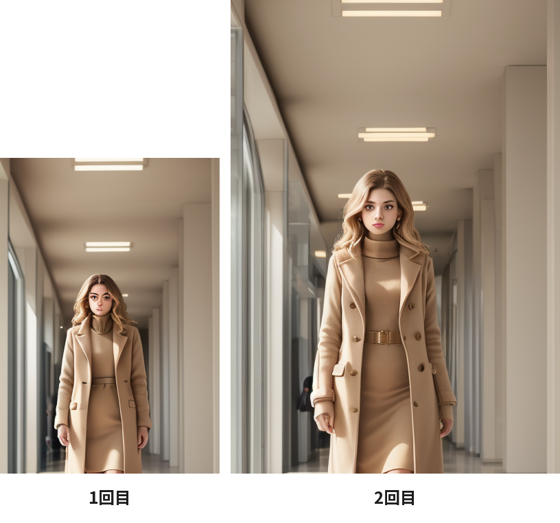 1回目と2回目の画像の、人物のまわりを同じ範囲で切り出して並べたもの