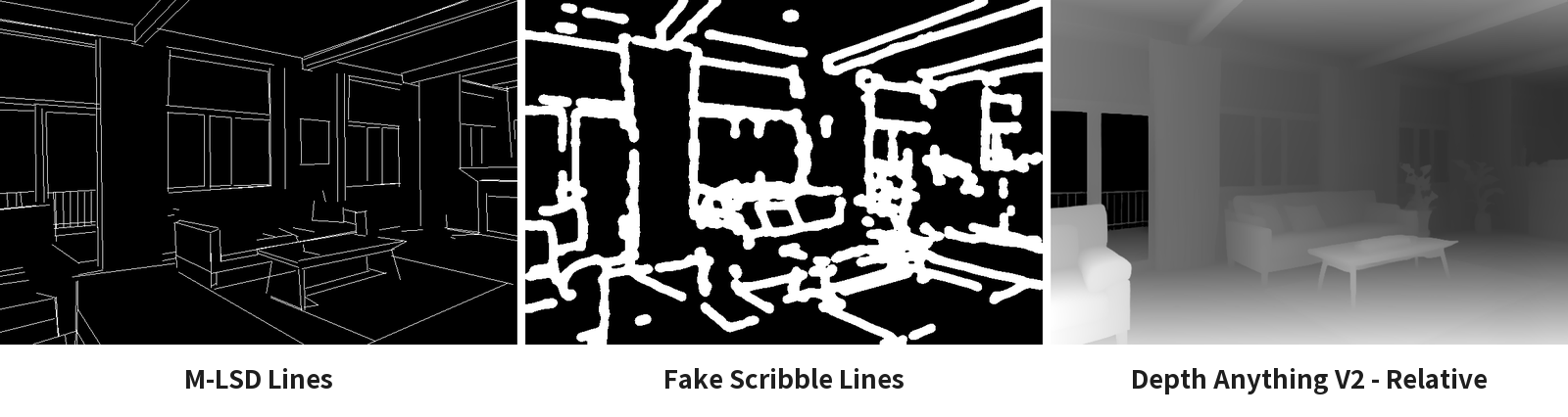 M-LSD Lines・Fake Scribble Lines・Depth Anything V2 - Relative で作った画像の並び