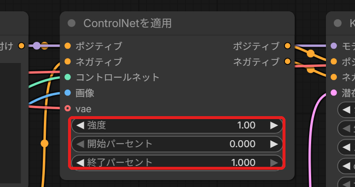 ControlNetを適用のノード。「強度」「開始パーセント」「終了パーセント」の欄を赤い枠で囲んでいる