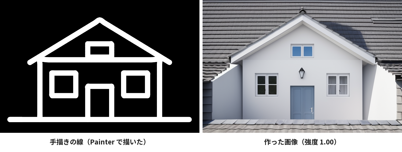 手描きの家の線と、その線に沿って作った家の外観の画像