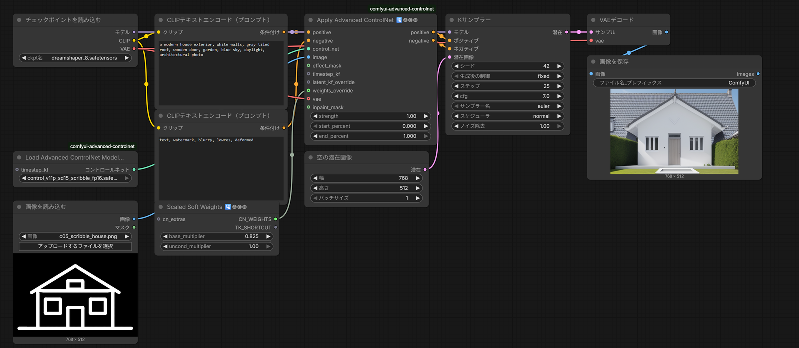 Advanced-ControlNet のノードに置き換えたワークフローの全体。左下に Scaled Soft Weights がある