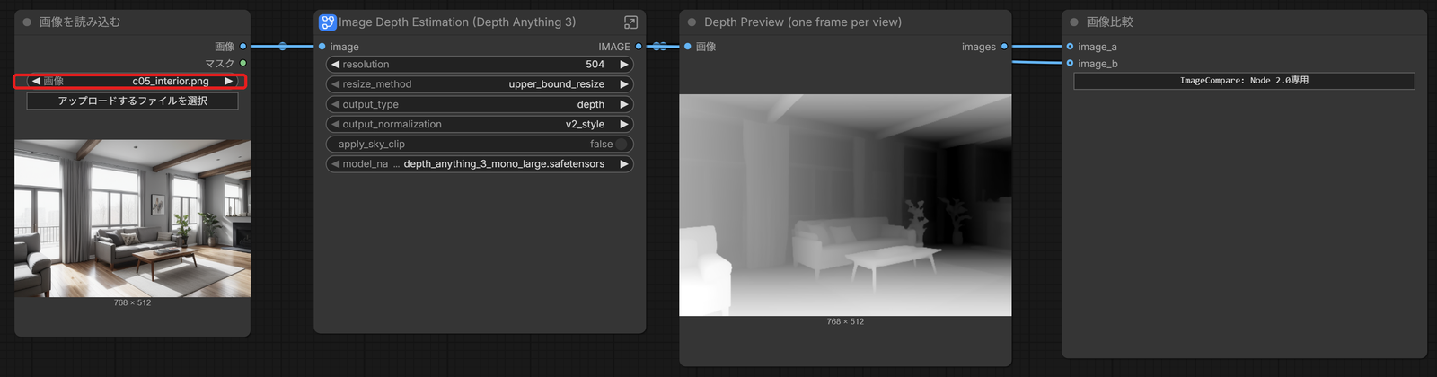 Depth Anything 3 のテンプレートを実行したところ。「画像を読み込む」の「画像」の欄を赤い枠で囲んでいる