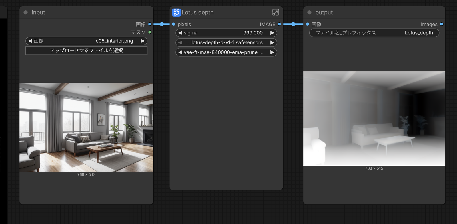 Lotus のテンプレートを実行したところ。右の output に深度の画像が出ている