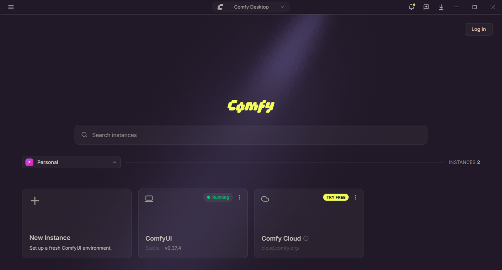 Comfy Desktop のダッシュボード。New Instance・ComfyUI・Comfy Cloud のカードが並ぶ
