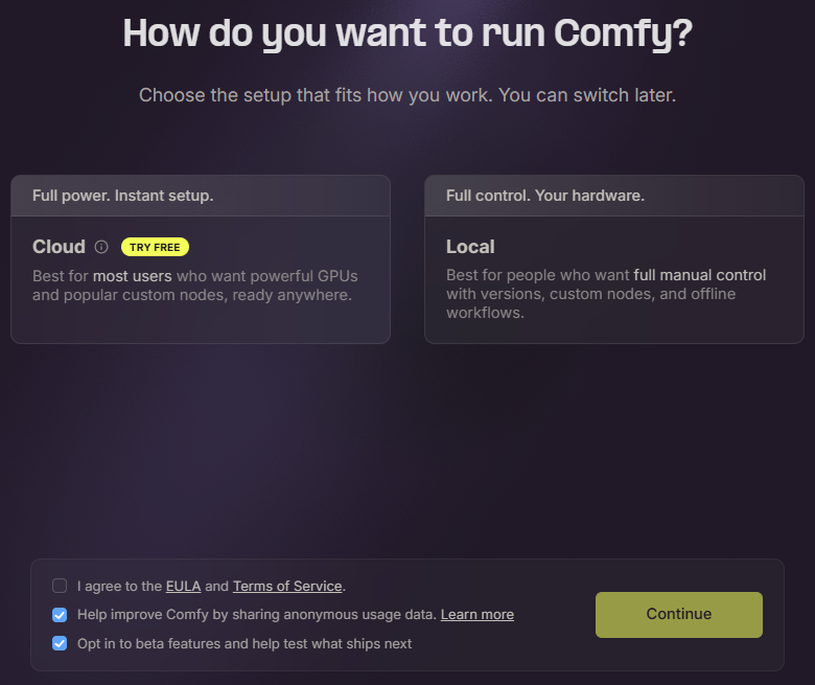 Comfy Desktop を初めて起動したときの画面。Cloud と Local を選ぶ
