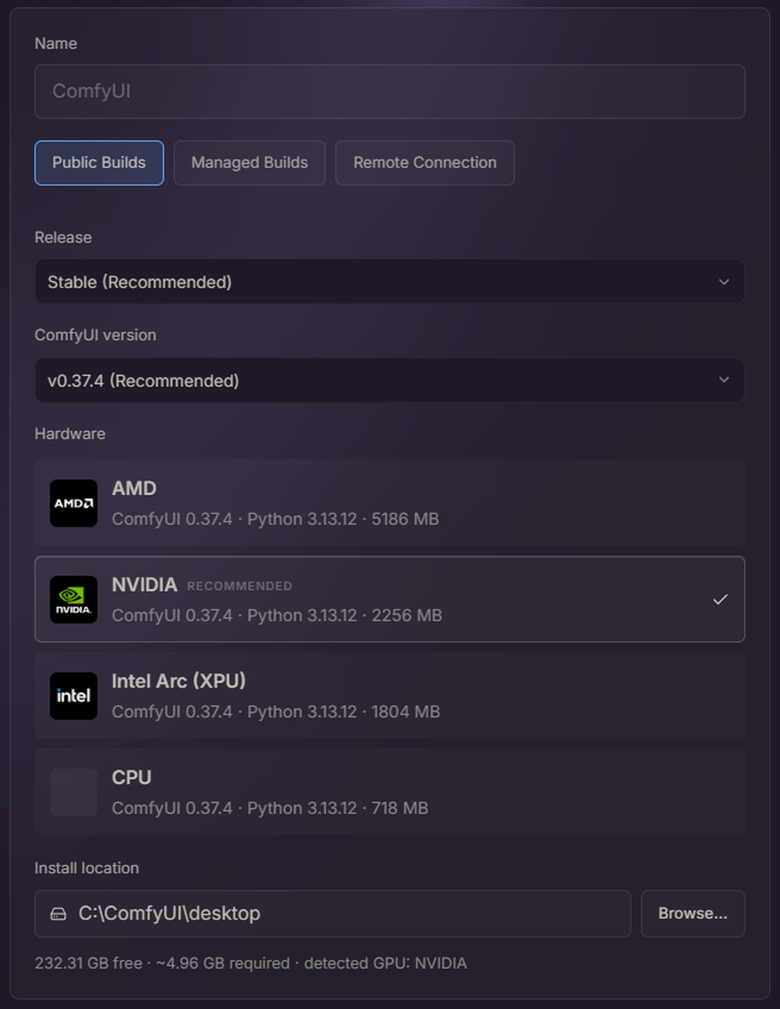 Create a New Instance の画面。Name・Release・ComfyUI version・Hardware・Install location の欄