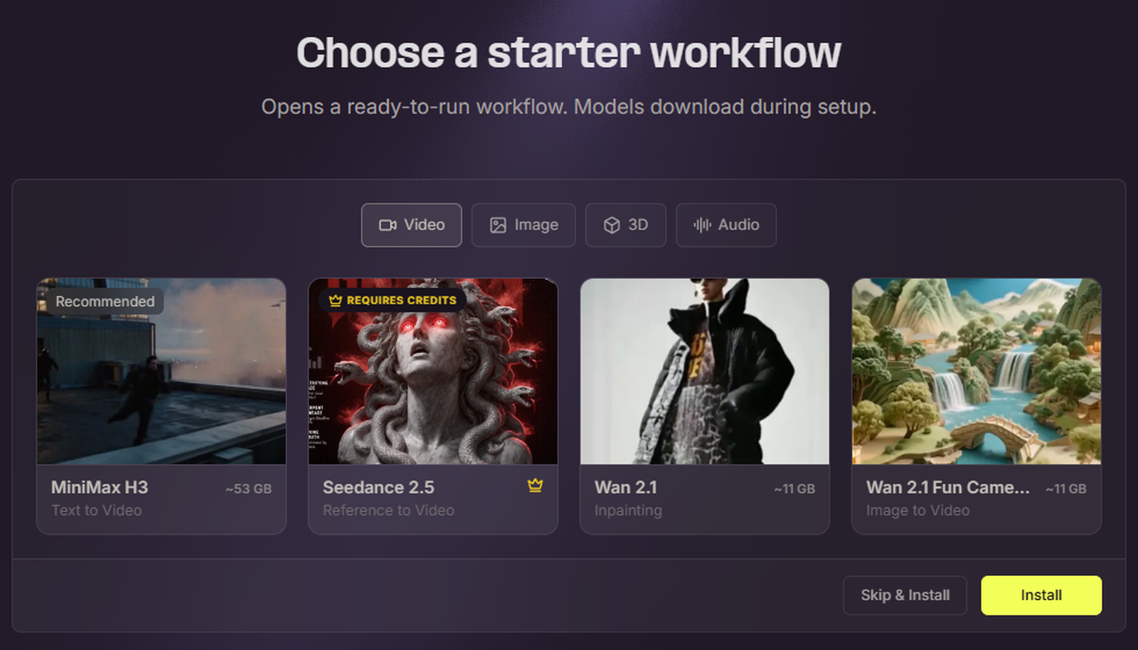 Choose a starter workflow の画面。Video のタブに4つのワークフロー