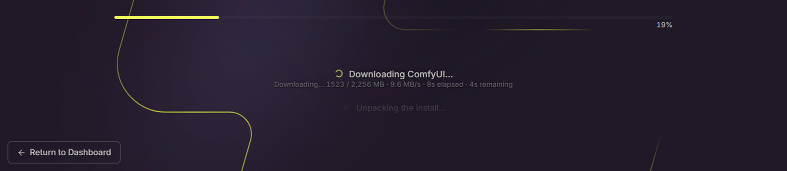 インスタンスを入れている途中の画面。Downloading ComfyUI と出ている
