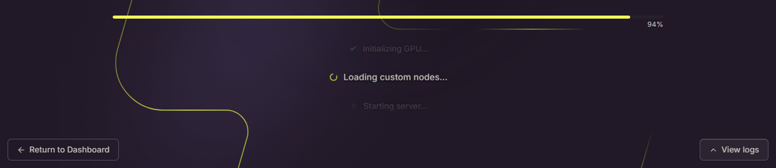 起動の途中の画面。Initializing GPU に印が付き、Loading custom nodes と出ている