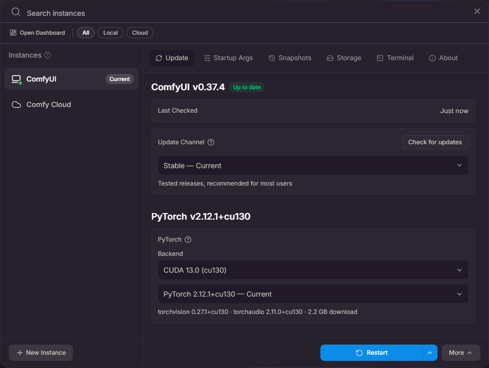 Manage パネルの Update タブ