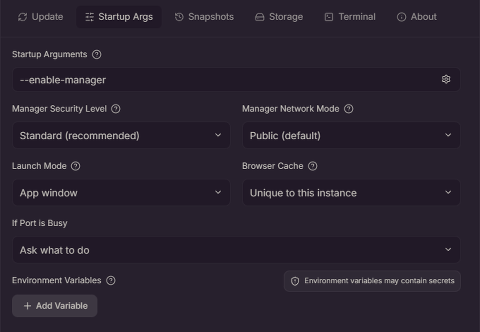 Manage パネルの Startup Args タブ