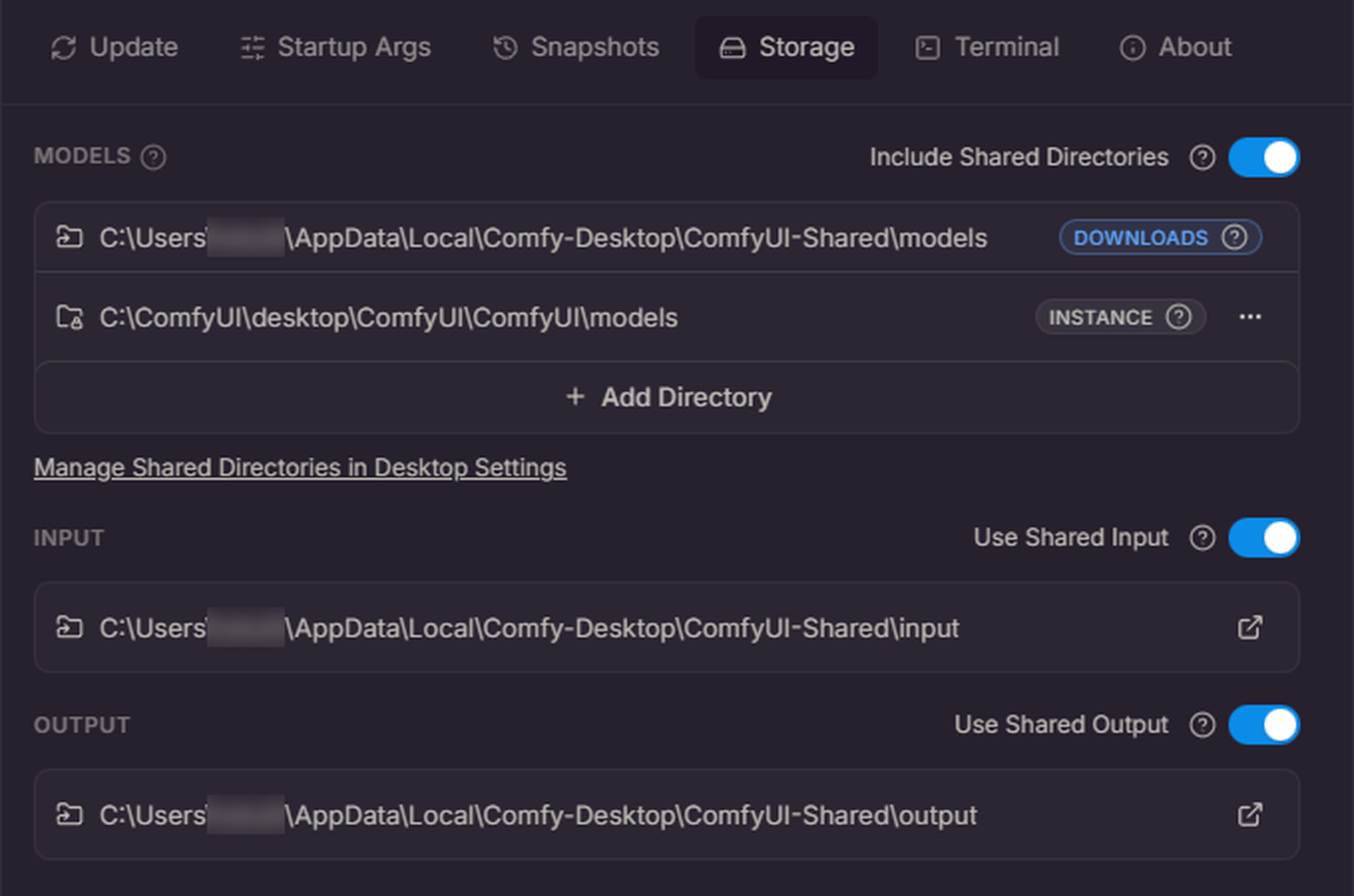Manage パネルの Storage タブ