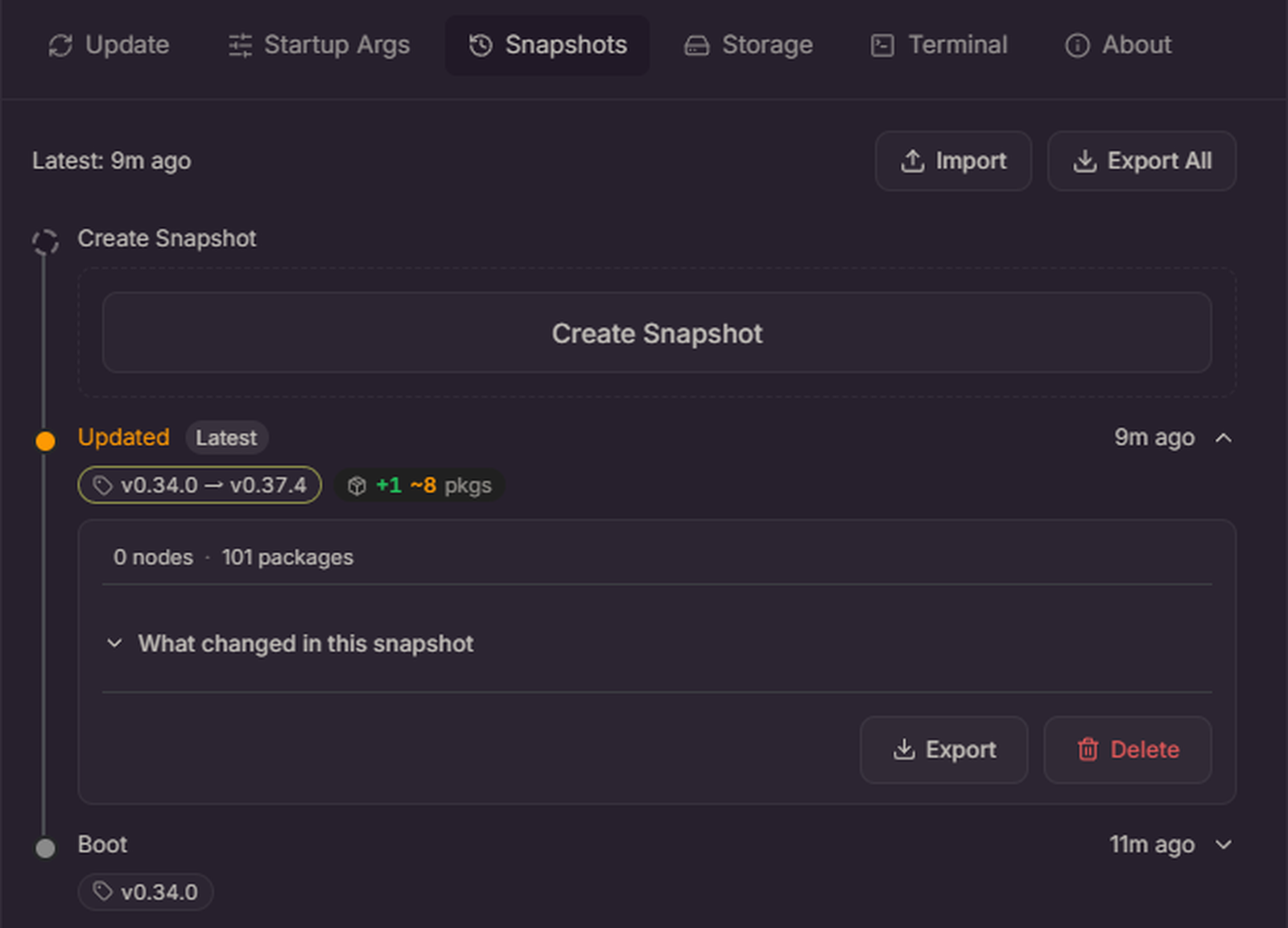 Manage パネルの Snapshots タブ。Updated と Boot の2つが並ぶ