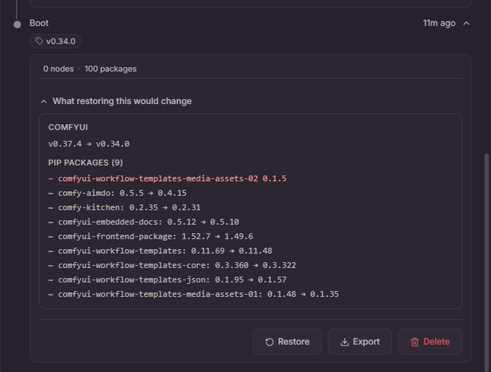 古いスナップショットを開いたところ。戻すと変わる ComfyUI の版とパッケージが並ぶ