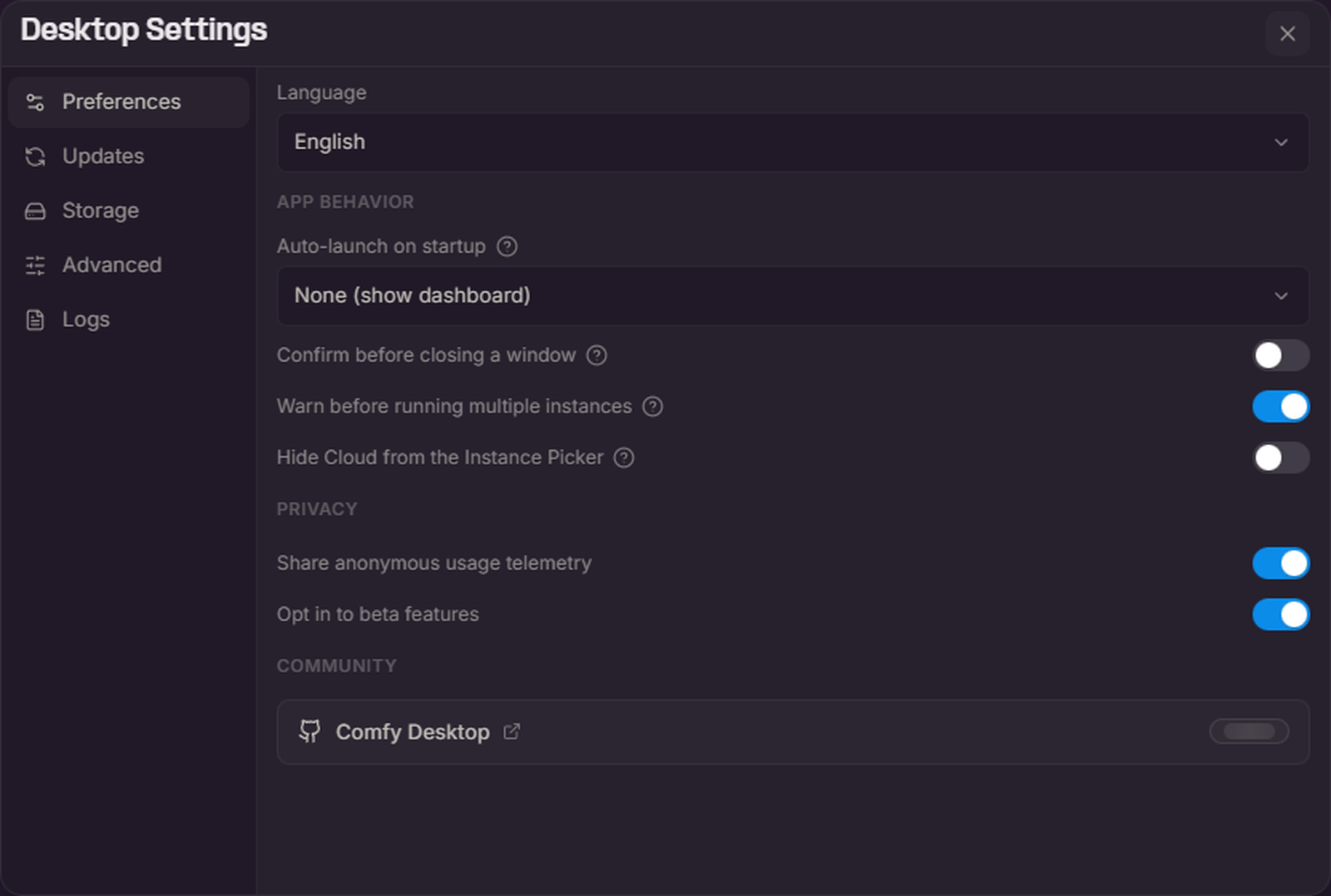 Desktop Settings の Preferences タブ