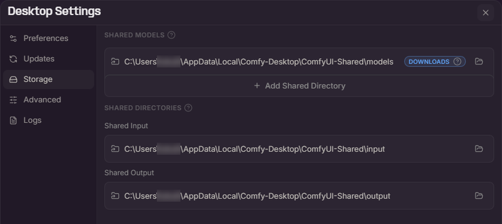 Desktop Settings の Storage タブ