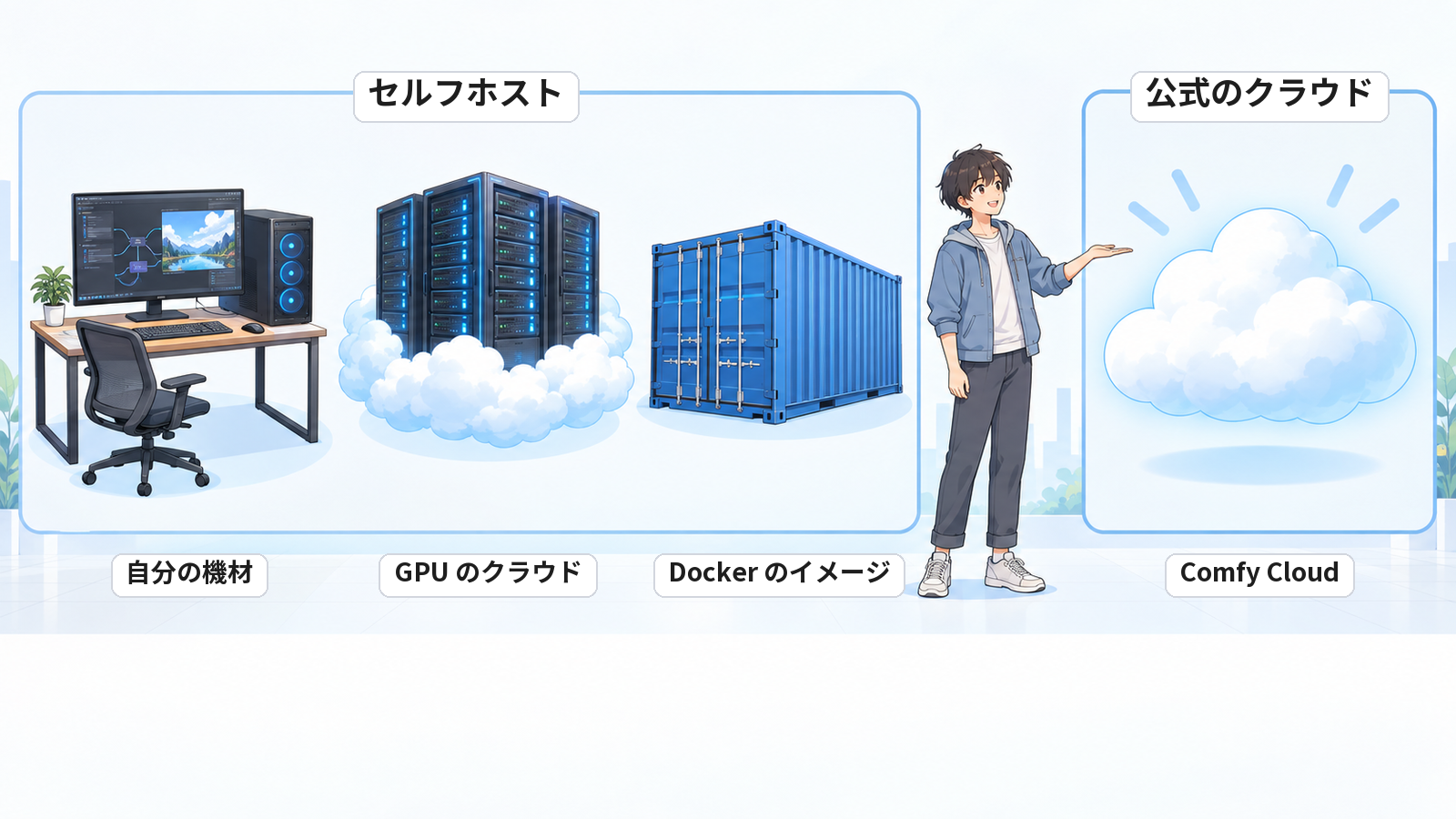 ComfyUI を入れる場所。自分の機材・GPU のクラウド・Docker のイメージと、公式のクラウドの Comfy Cloud