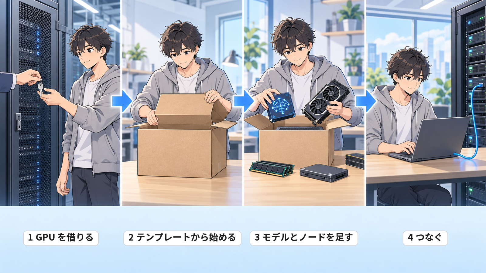 借りた GPU で ComfyUI を動かす流れ。GPU を借りる → テンプレートから始める → モデルとノードを足す → つなぐ