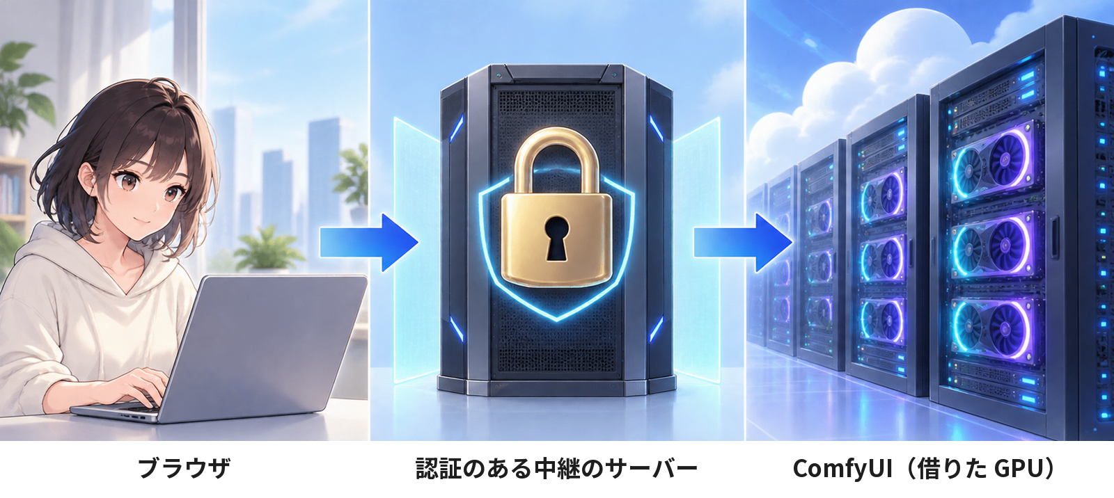 外からつなぐときのつなぎ方。ブラウザ → 認証のある中継のサーバー → ComfyUI